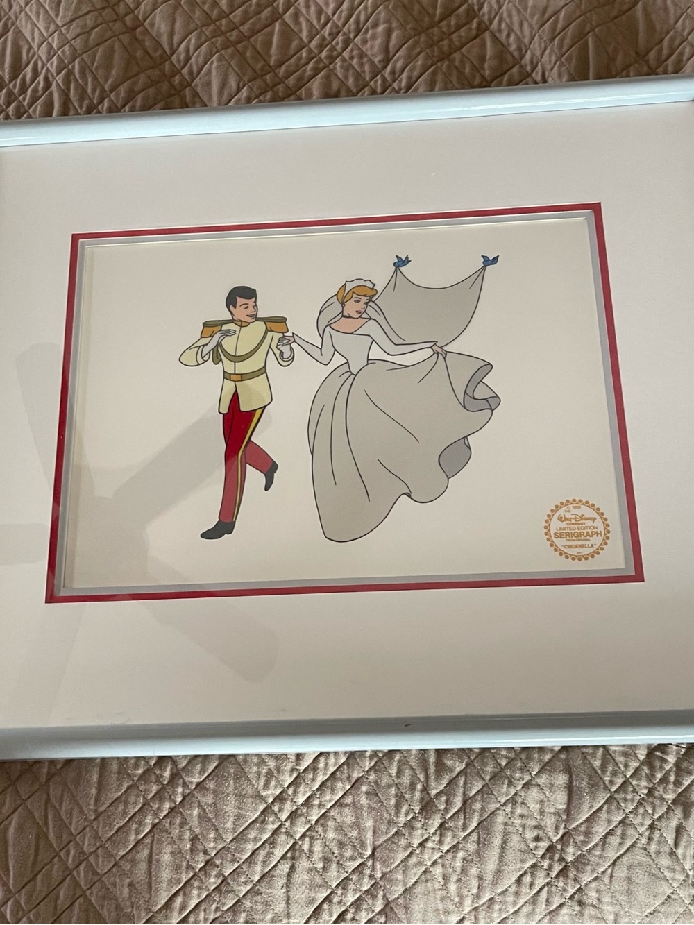 Cinderella & Prince Framed Serigraph Art - White, Red, Gold Accents